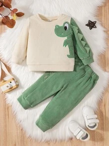 Baby Boy Cartoon Embroidery Triangle Trim Sweatshirt & Pants - Multicolor - View 7