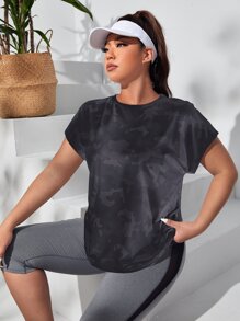 SHEIN Running Plus Camo Print Batwing Sleeve Sports Tee - Black - View 1