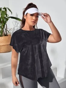 SHEIN Running Plus Camo Print Batwing Sleeve Sports Tee - Black - View 2