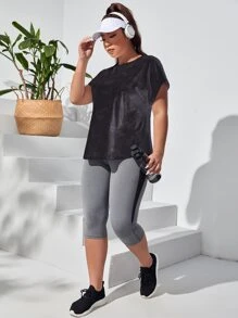 SHEIN Running Plus Camo Print Batwing Sleeve Sports Tee - Black - View 3