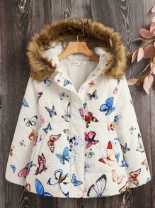 SHEIN Tween Girl Butterfly Print Fuzzy Trim Hooded Padded Coat Without Sweater - Multicolor - View 2