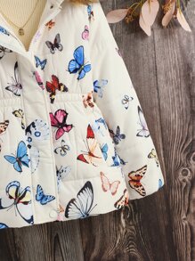 SHEIN Tween Girl Butterfly Print Fuzzy Trim Hooded Padded Coat Without Sweater - Multicolor - View 3