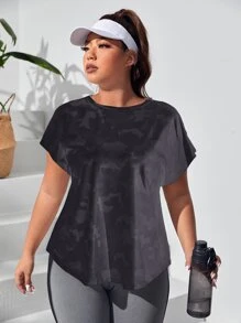 SHEIN Running Plus Camo Print Batwing Sleeve Sports Tee - Black - View 4