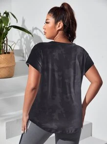SHEIN Running Plus Camo Print Batwing Sleeve Sports Tee - Black - View 5