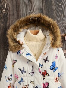 SHEIN Tween Girl Butterfly Print Fuzzy Trim Hooded Padded Coat Without Sweater - Multicolor - View 4