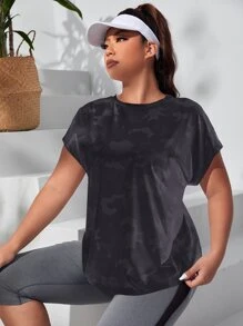 SHEIN Running Plus Camo Print Batwing Sleeve Sports Tee - Black - View 6