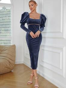 Đầm Chia Dây kéo màu trơn Buổi tiệc - Màu xanh hải quân - Xem 3