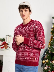 Manfinity Hombres Jersey Navidad con patrón de copo de nieve de hombros caídos - Burdeos - Ver 6