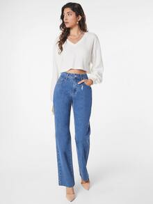 SHEINBlues Jeans de pierna recta desgarro con bolsillo oblicuo - Azul lavado medio - Ver 3