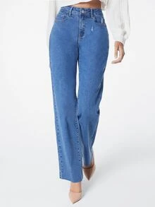 SHEINBlues Jeans de pierna recta desgarro con bolsillo oblicuo - Azul lavado medio - Ver 4