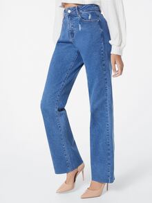 SHEINBlues Jeans de pierna recta desgarro con bolsillo oblicuo - Azul lavado medio - Ver 5