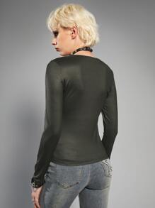 ROMWE Lace Up Front Letter Skull Graphic Tee - Dark Green - View 2