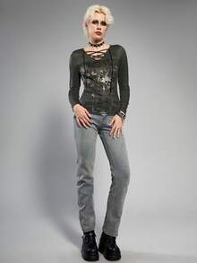 ROMWE Lace Up Front Letter Skull Graphic Tee - Dark Green - View 5