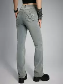 ROMWE Grunge Punk Star Embroidery Skinny Jeans, School - Light Grey - View 1