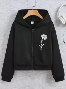 SHEIN Áo nỉ có khóa kéo in hoa dành cho bé gái tuổi teen - màu đen - Xem 1