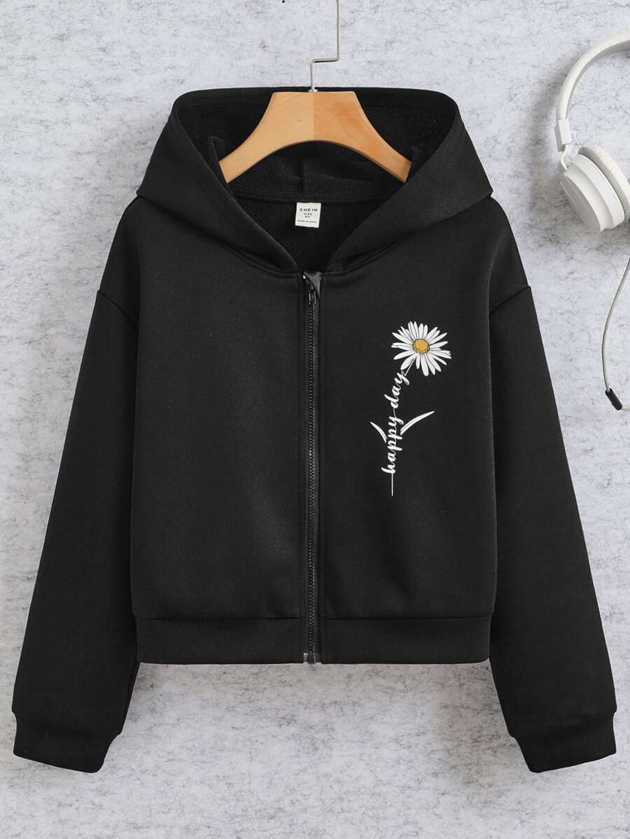 SHEIN Áo nỉ có khóa kéo in hoa dành cho bé gái tuổi teen - màu đen - Xem 1