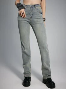 ROMWE Grunge Punk Star Embroidery Skinny Jeans, School - Light Grey - View 2