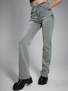 ROMWE Grunge Punk Star Embroidery Skinny Jeans, School - Light Grey - View 3