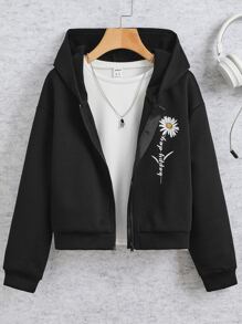 SHEIN Áo nỉ có khóa kéo in hoa dành cho bé gái tuổi teen - màu đen - Xem 3