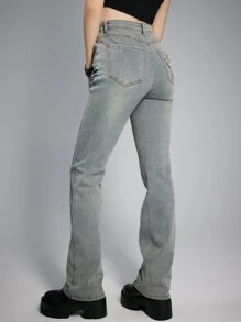 ROMWE Grunge Punk Star Embroidery Skinny Jeans, School - Light Grey - View 4