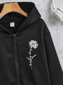 SHEIN Áo nỉ có khóa kéo in hoa dành cho bé gái tuổi teen - màu đen - Xem 4