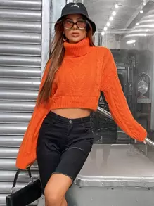 SHEIN Unity Turtleneck Cable Knit Drop Shoulder Crop Jumper - Orange - View 1