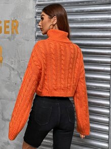 SHEIN Unity Turtleneck Cable Knit Drop Shoulder Crop Jumper - Orange - View 2