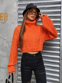 SHEIN Unity Turtleneck Cable Knit Drop Shoulder Crop Jumper - Orange - View 3