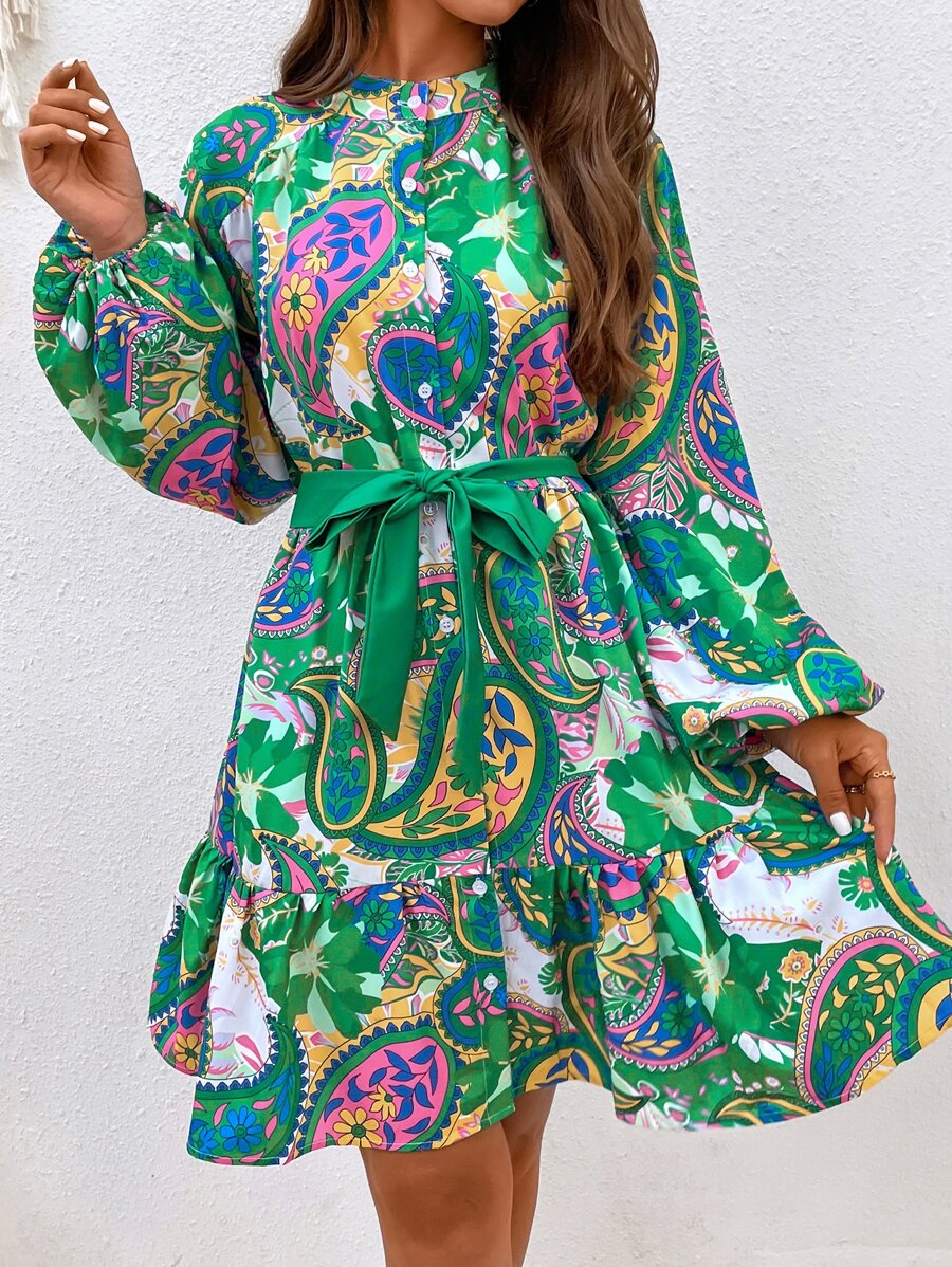 SHEIN VCAY Paisley Print Lantern Sleeve Ruffle Hem Belted Dress - Green - View 1