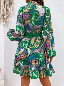 SHEIN VCAY Paisley Print Lantern Sleeve Ruffle Hem Belted Dress - Green - View 2