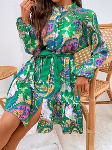 SHEIN VCAY Paisley Print Lantern Sleeve Ruffle Hem Belted Dress - Green - View 3