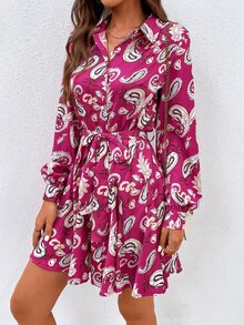 SHEIN LUNE 佩斯利印花燈籠袖腰帶襯衫洋裝