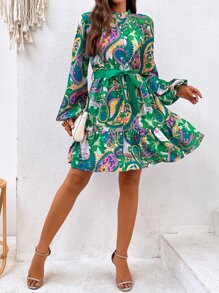 SHEIN VCAY Paisley Print Lantern Sleeve Ruffle Hem Belted Dress - Green - View 5