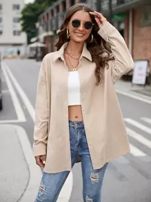 Drop Shoulder Button Front Corduroy Coat - Apricot - View 1