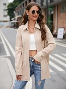 Drop Shoulder Button Front Corduroy Coat - Apricot - View 3