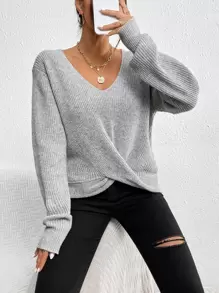 SHEIN Frenchy 前扭結落肩袖套頭毛衣 - 淺灰色 - 查看 1