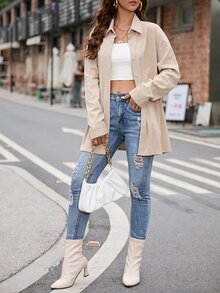 Drop Shoulder Button Front Corduroy Coat - Apricot - View 4