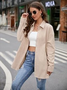 Drop Shoulder Button Front Corduroy Coat - Apricot - View 5