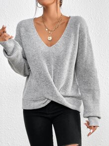 SHEIN Frenchy 前扭結落肩袖套頭毛衣 - 淺灰色 - 查看 3