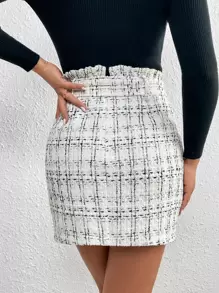 SHEIN Frenchy Plaid Paperbag Waist Belted Tweed Skirt - White - View 2
