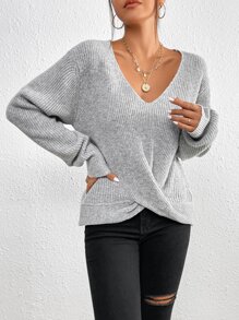 SHEIN Frenchy 前扭結落肩袖套頭毛衣 - 淺灰色 - 查看 4