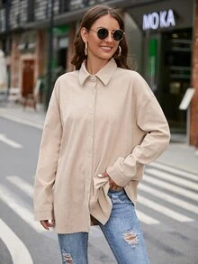 Drop Shoulder Button Front Corduroy Coat - Apricot - View 6