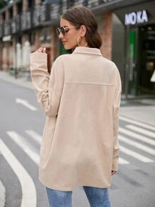 Drop Shoulder Button Front Corduroy Coat - Apricot - View 7