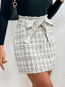 SHEIN Frenchy Plaid Paperbag Waist Belted Tweed Skirt - White - View 3