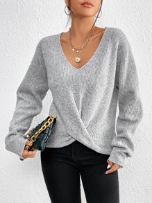SHEIN Frenchy 前扭結落肩袖套頭毛衣 - 淺灰色 - 查看 6