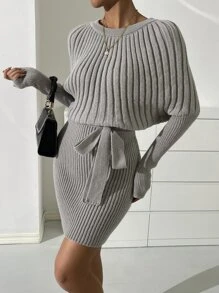 SHEIN Privé Batwing Sleeve Belted Jumper Dress - Grey - View 2