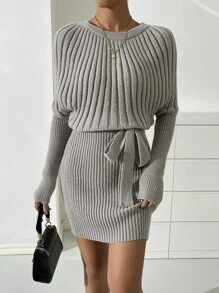 SHEIN Privé Batwing Sleeve Belted Jumper Dress - Grey - View 1