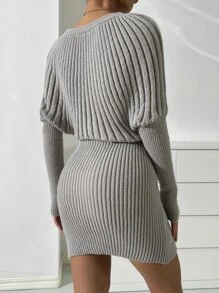 SHEIN Privé Batwing Sleeve Belted Jumper Dress - Grey - View 6