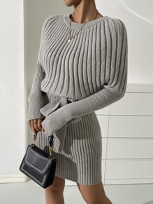 SHEIN Privé Batwing Sleeve Belted Jumper Dress - Grey - View 4