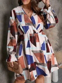 Plus Geo Print Flounce Sleeve Dress - Multicolor - View 1